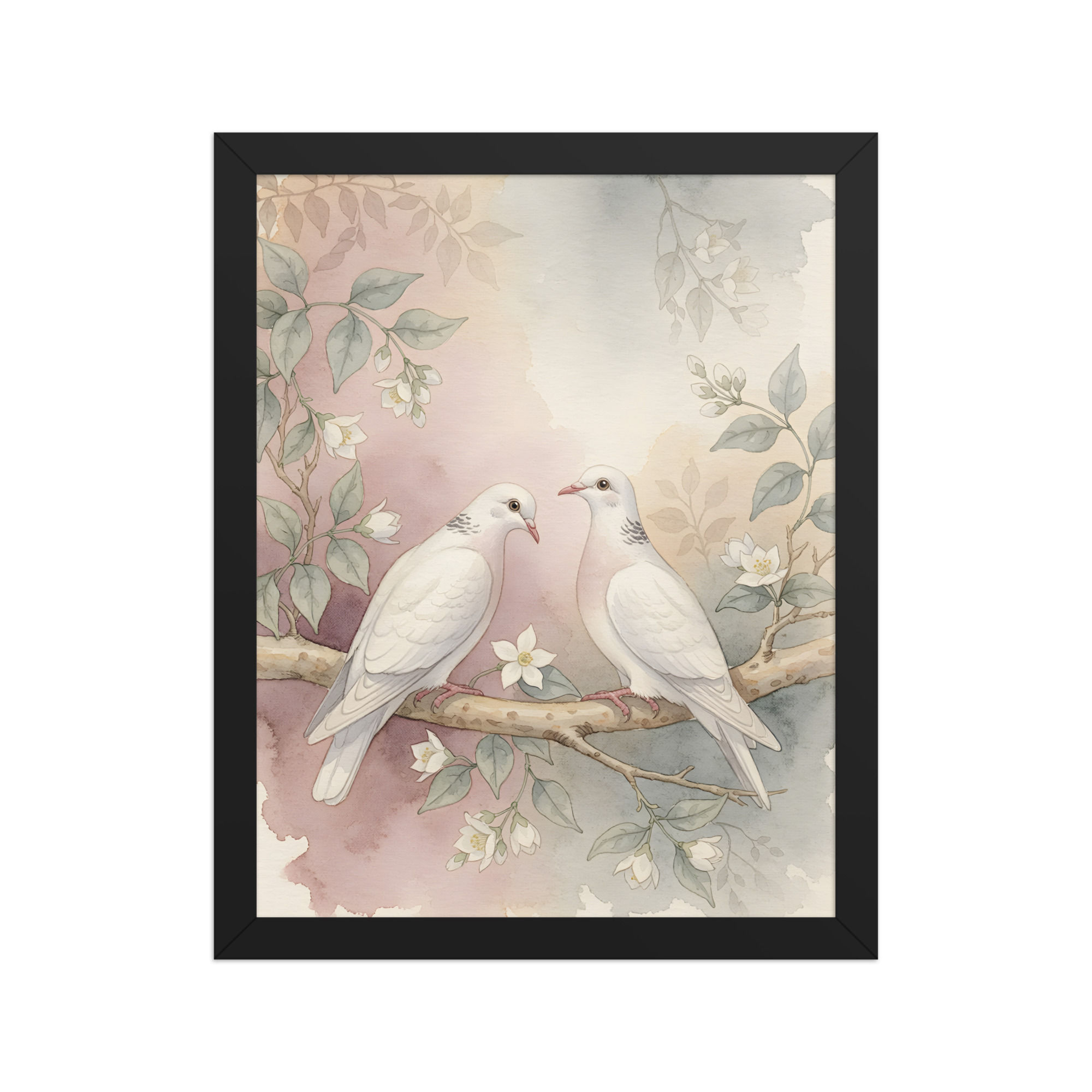 Framed nature wall art, Two Doves in a Tree, by Frameifi, featuring two white doves on a branch with flowers, in a black frame.
