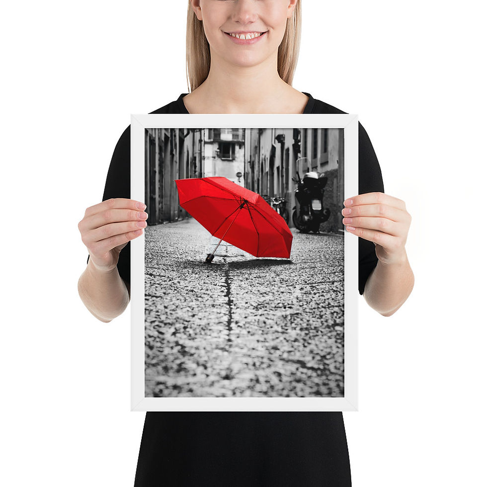 Thumbnail: Framed poster of a red umbrella on a rainy street, in a matte black frame, framed art, wall art, framed wall art.