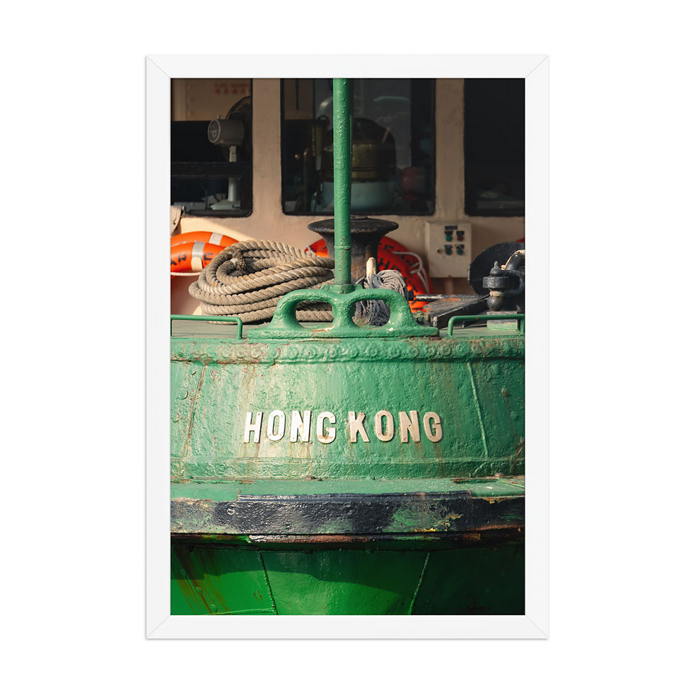 Thumbnail: Framed poster of a green Hong Kong boat bow with rope and life preservers, in a black matte frame, for wall art decor.