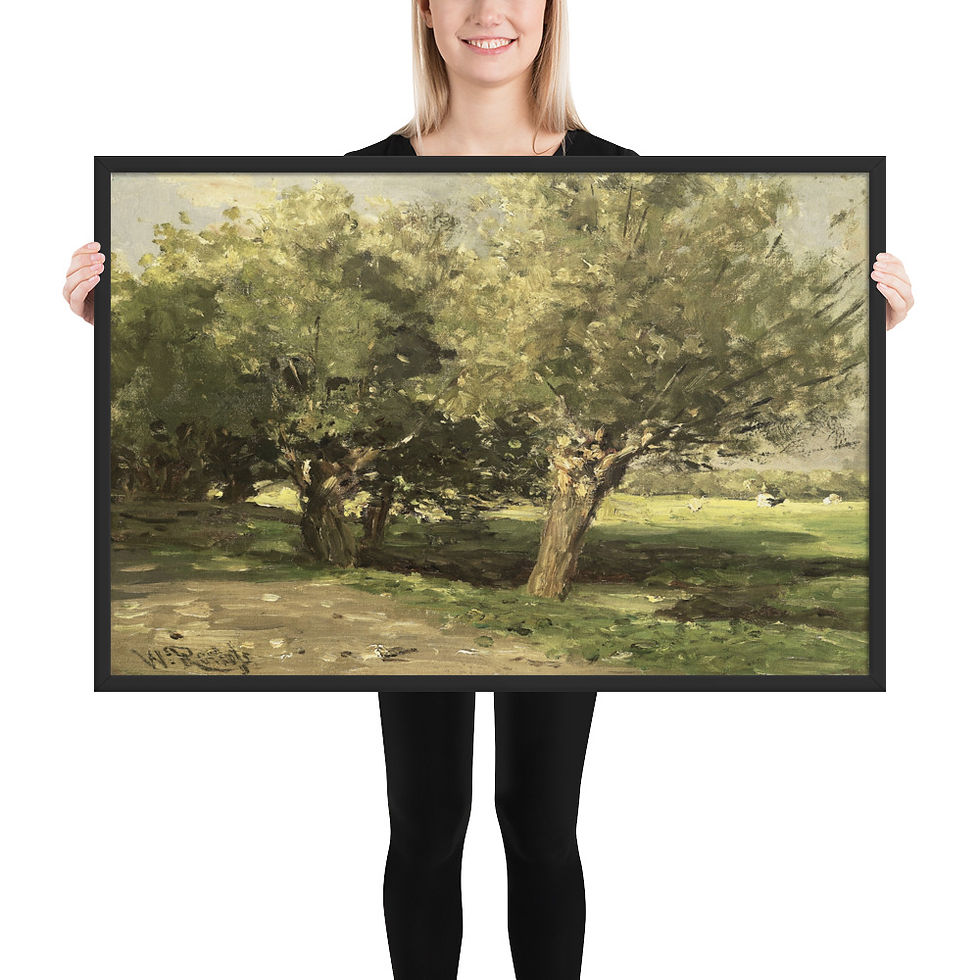 Thumbnail: Vintage Shaded Grove Wall Art, a framed poster featuring a serene landscape print of summer trees, by Frameifi, in a black frame.