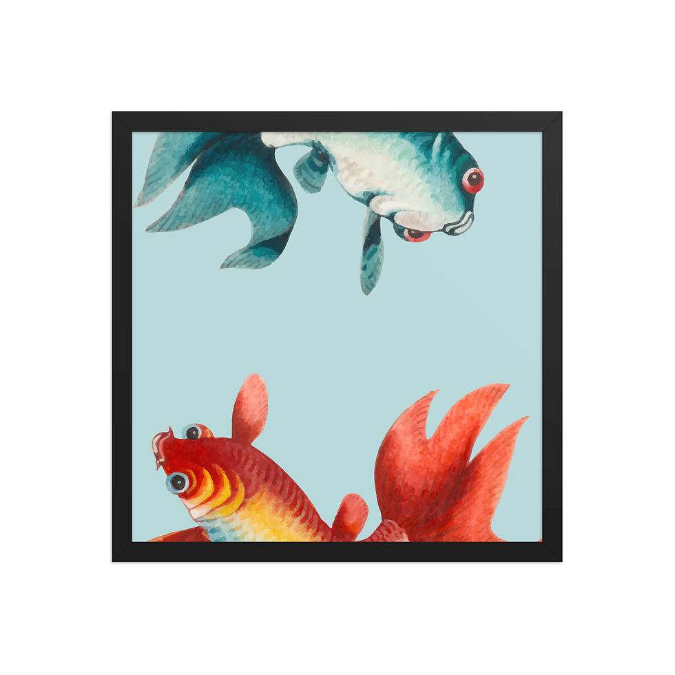 Thumbnail: Framed poster of two colorful fish on light blue background, featuring a blue and white fish and a red and orange fish.