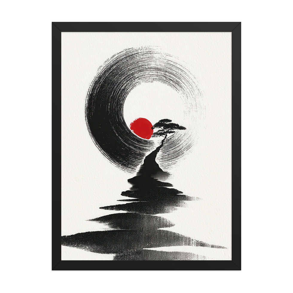 Thumbnail: Japandi Tree with a Crescent Moon and a Setting Red Sun  Sumi-e Ink Inspired