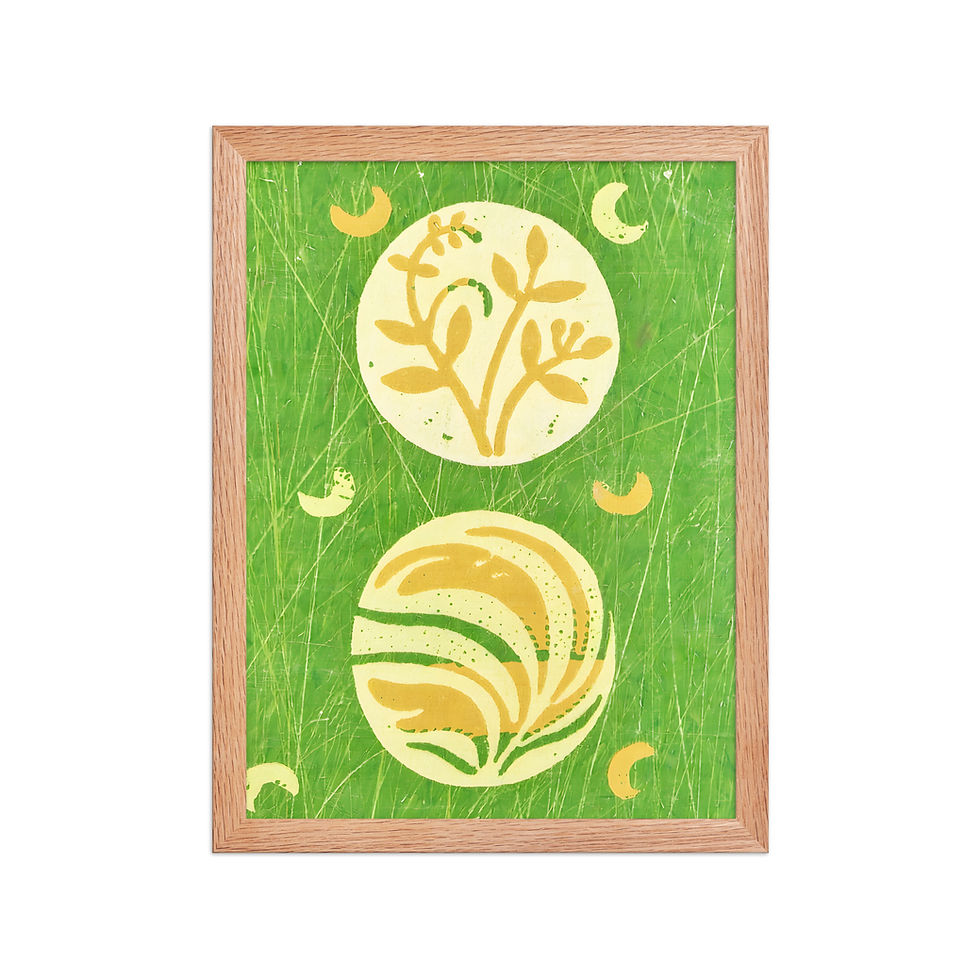Thumbnail: Framed wall art, framed poster, folk art plant motifs, framed art print, green background with yellow botanical illustrations in a black frame.
