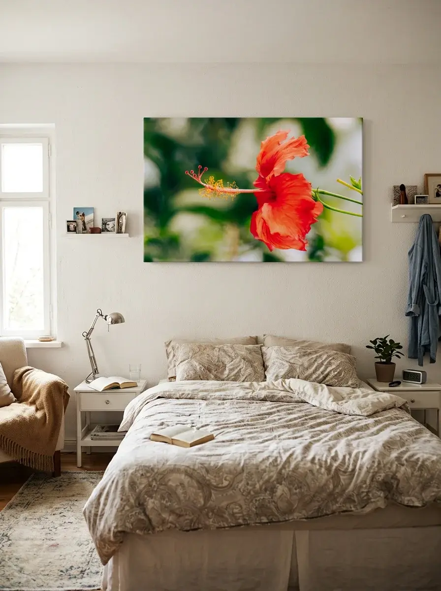 Fiery red hibiscus tropical floral canvas art, framed wall art with vibrant orange-red blooms and soft green bokeh background, framed poster, wall decor.