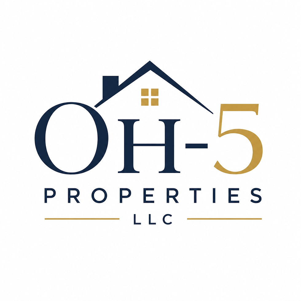 OH-5 Properties LLC logo with house roof icon, navy and gold colors, square layout.