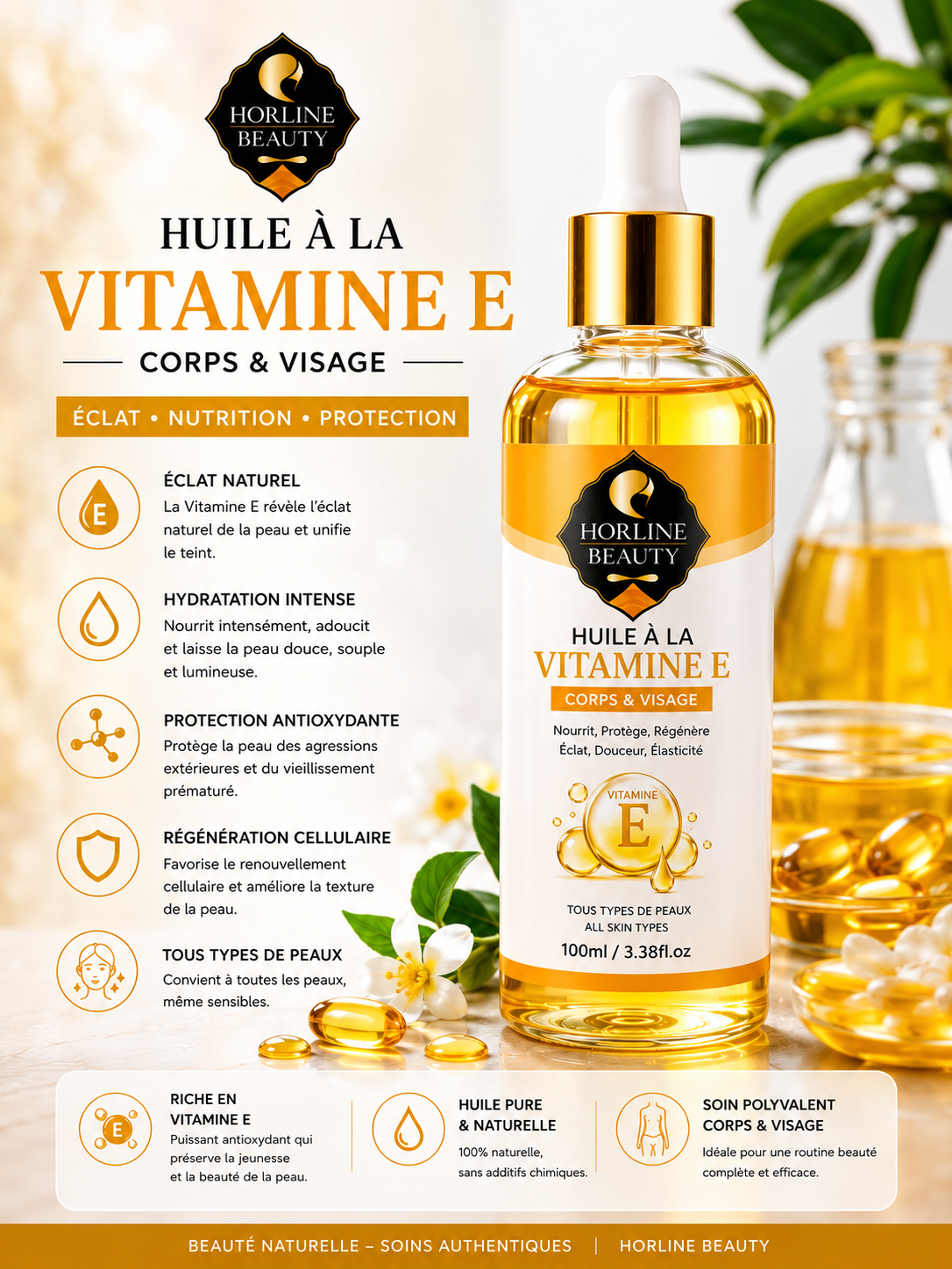 Huile à la vitamine E corps et visage naturel 