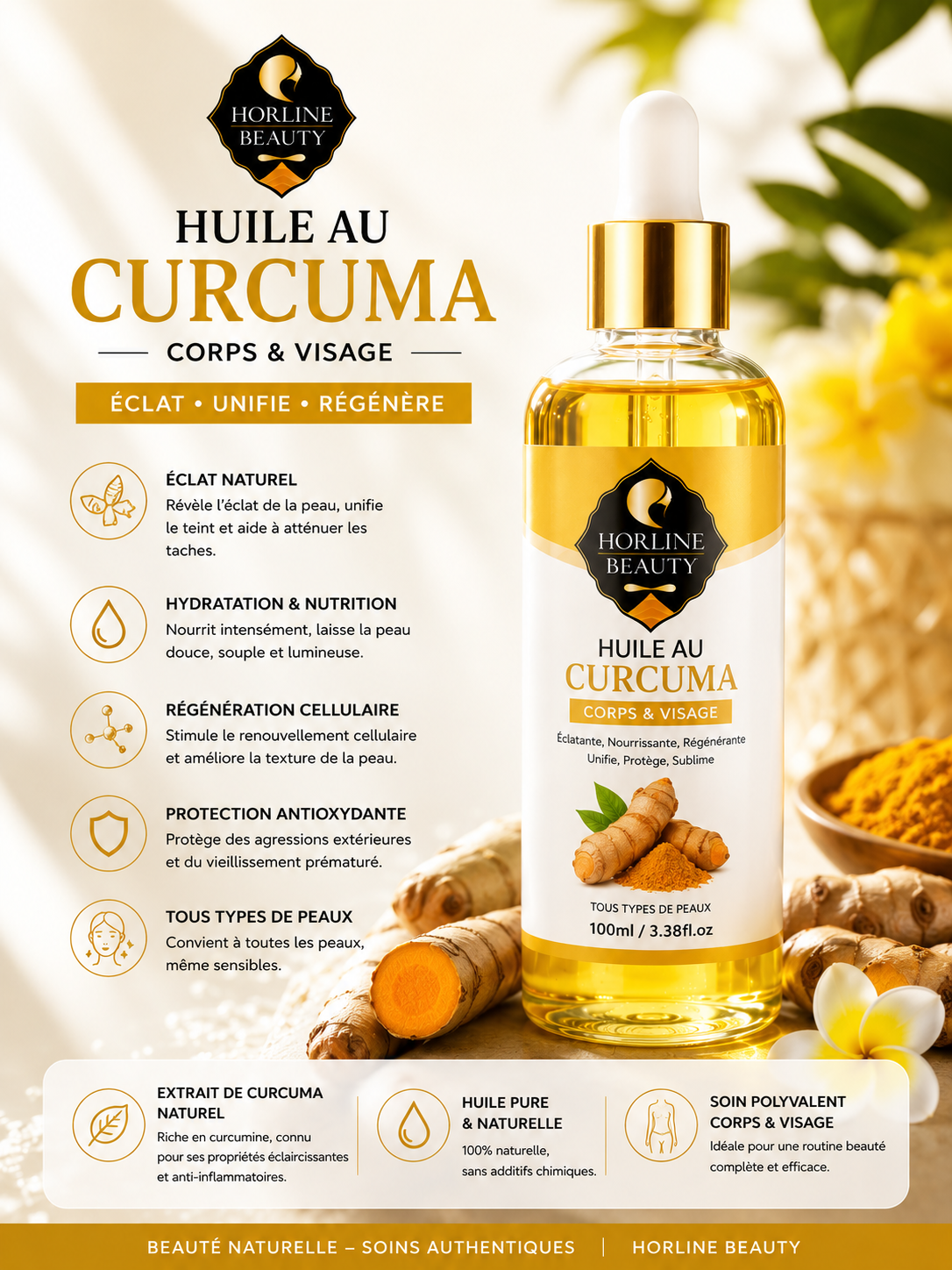 Huile corps et visage au curcuma naturel