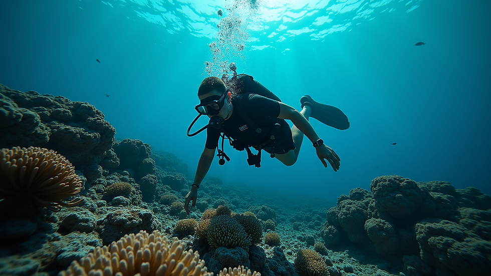 Underwater view of a diver exploring a coral reef