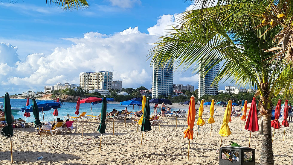 Beach scene with colorful umbrellas, people sunbathing, and a clear blue sky. Tall buildings in the background, palm trees nearby.
