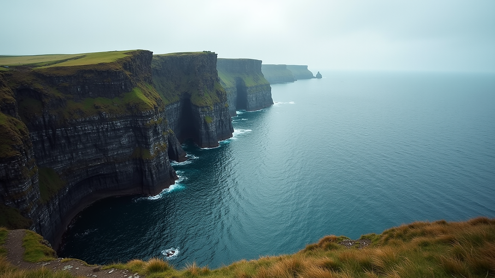 Wide angle view of dramatic cliffs and ocean in the Faroe Islands