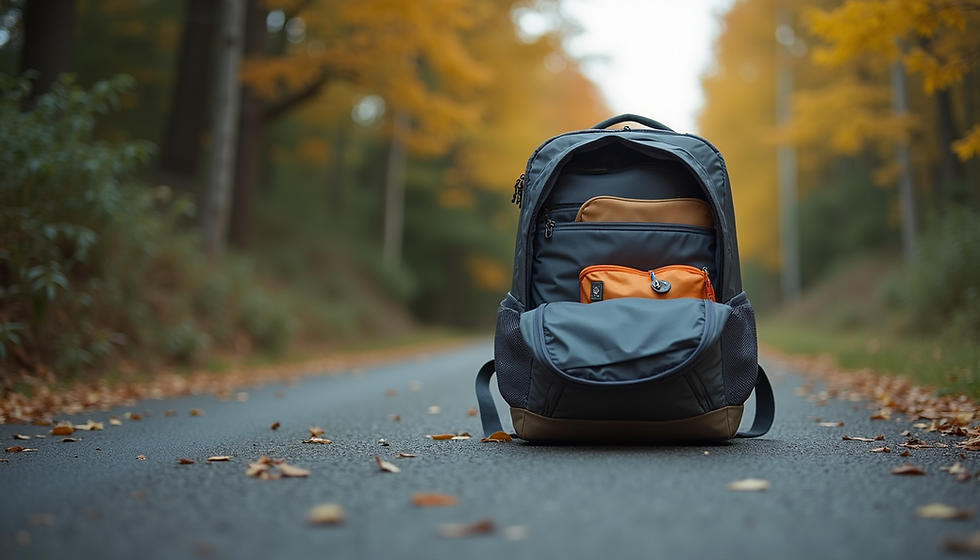 Eye-level view of a well-packed travel backpack with compartments open