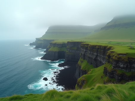 Wide angle view of green cliffs and ocean coastline in the Faroe Islands