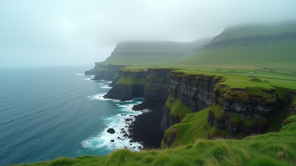 Wide angle view of green cliffs and ocean coastline in the Faroe Islands