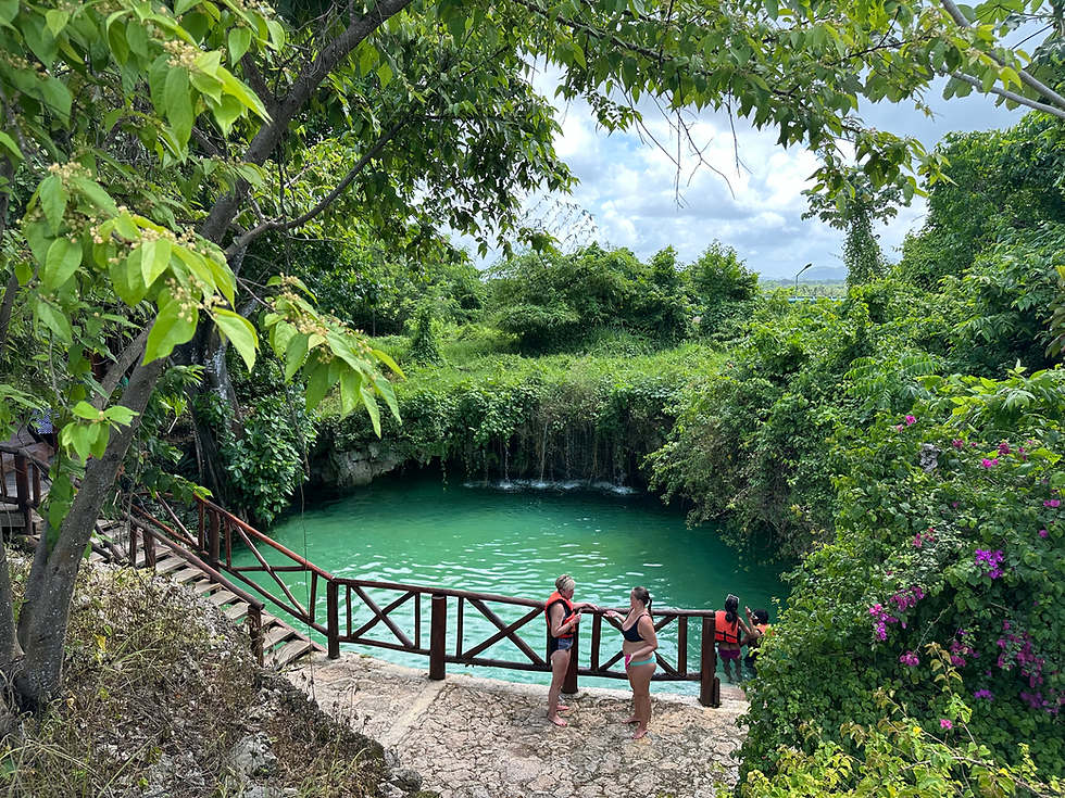 green water surrounded by lush vegetation; a few people wearing life jackets standing next to the water