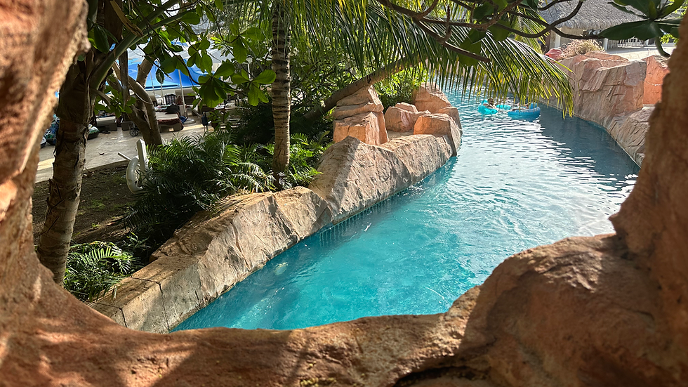A lazy river surrounded by lush vegetation and rocks at Royalton Bavaro in Punta Cana