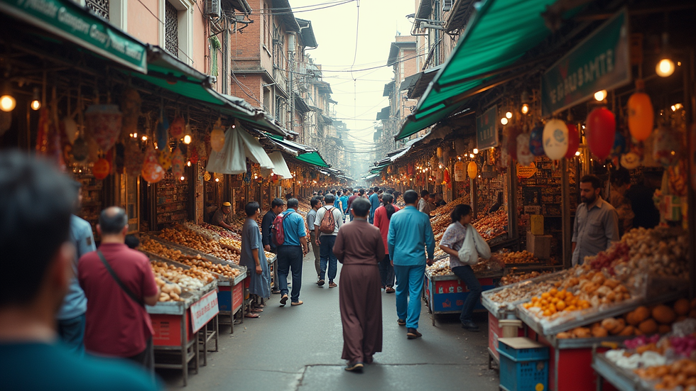 High angle view of a local market street bustling with people and colorful stalls