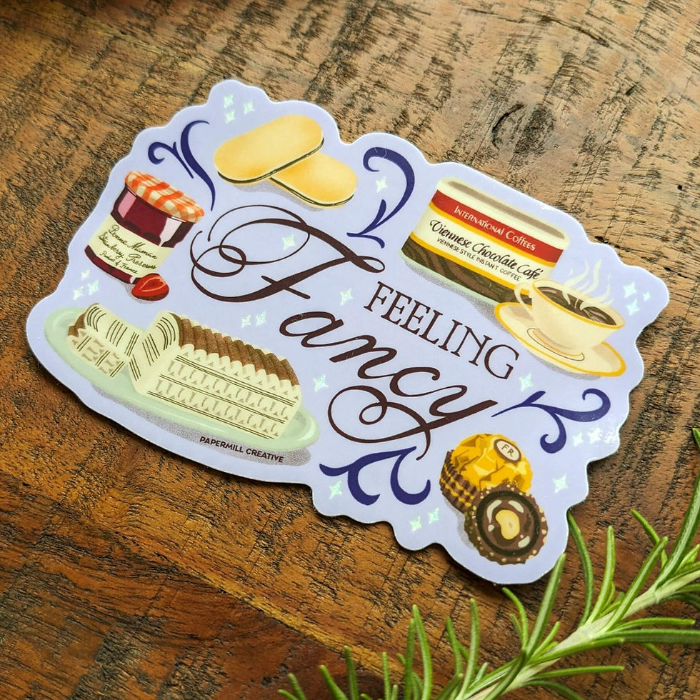 Thumbnail: Periwinkle sticker reading "Feeling Fancy" surrounded by illustrations of Milano cookies and other nostalgic snacks