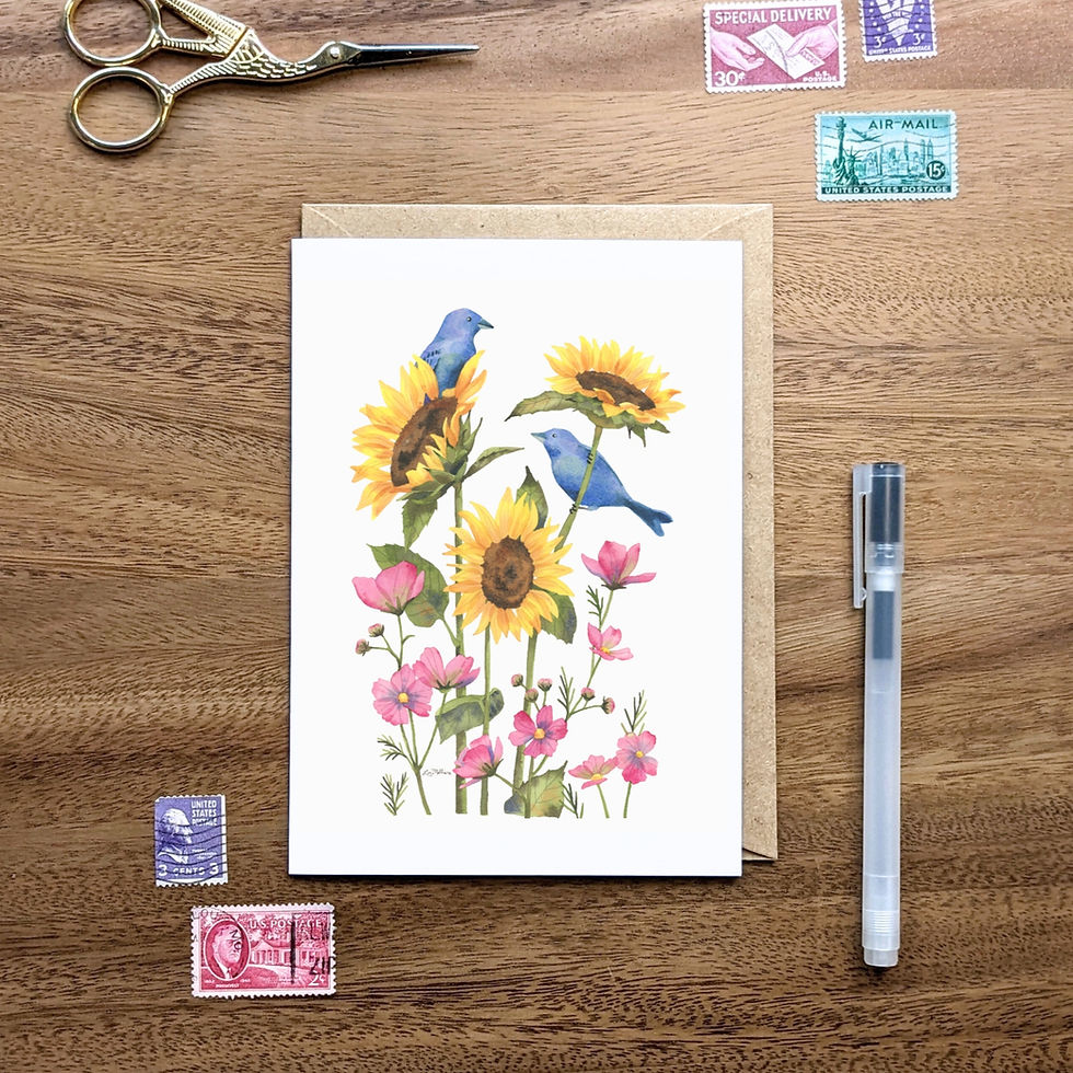 A greeting card featuring a watercolor illustration of indigo buntings perched on sunflowers and pink flowers.