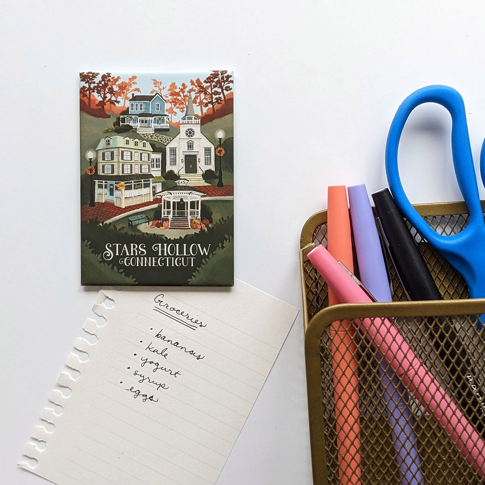 Thumbnail: Gilmore Girls magnet with a cute illustration of Stars Hollow, Connecticut