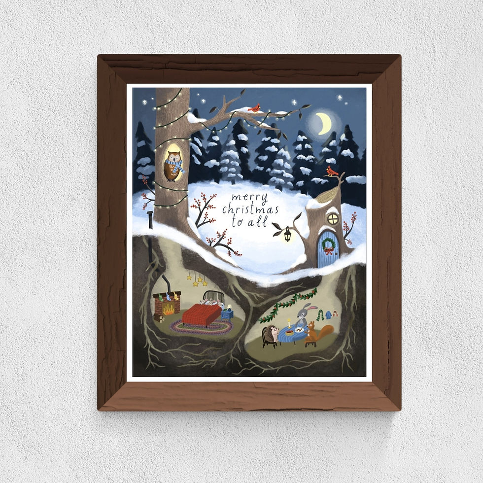 Framed 8x10 of art showing woodland animals celebrating the holidays in a winter forest