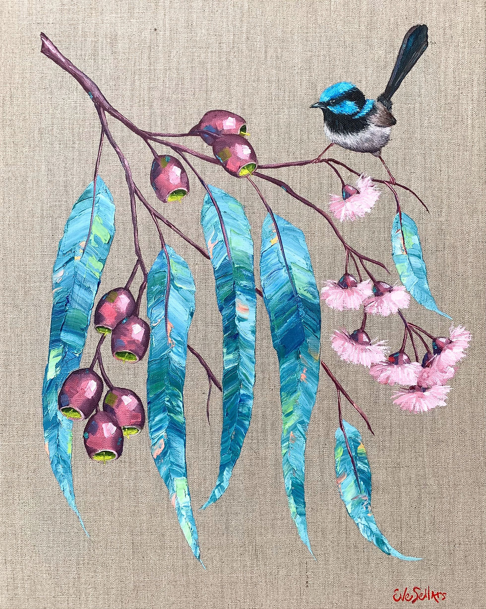 Little Wren, Pink Flowers | 40cm x 50cm