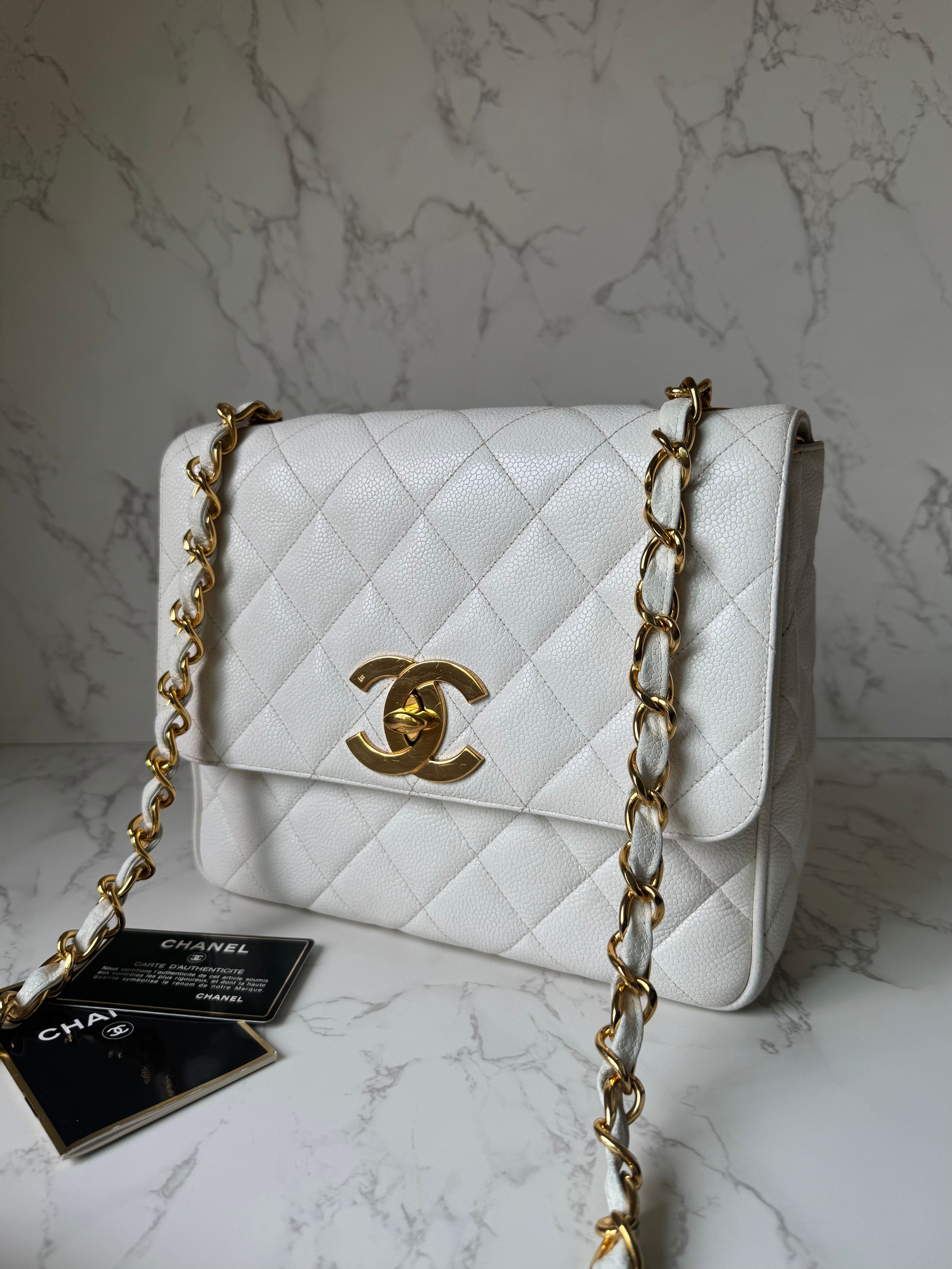 Chanel Big CC White Caviar Medium Square in 24K GHW