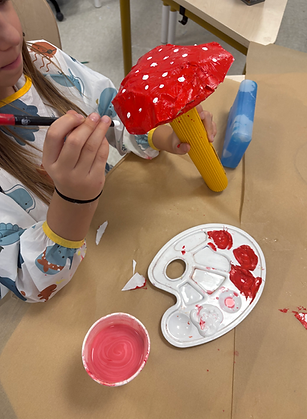 Very short: Papier-mâché mushroom in progress with painted cap