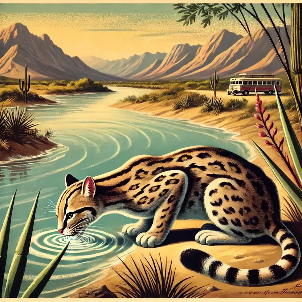 Ocelot pijící z Rio Grande (zdroj: DALL-E)