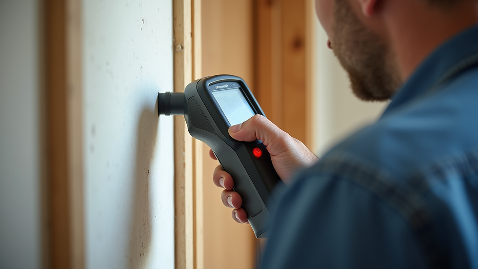 Close-up view of a home inspector using a moisture meter on a wall