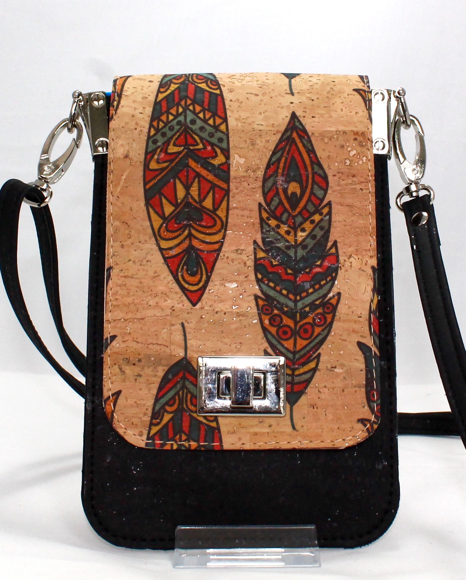 Cell Phone Cross Body Handbag - Multi-colour Feather & Black