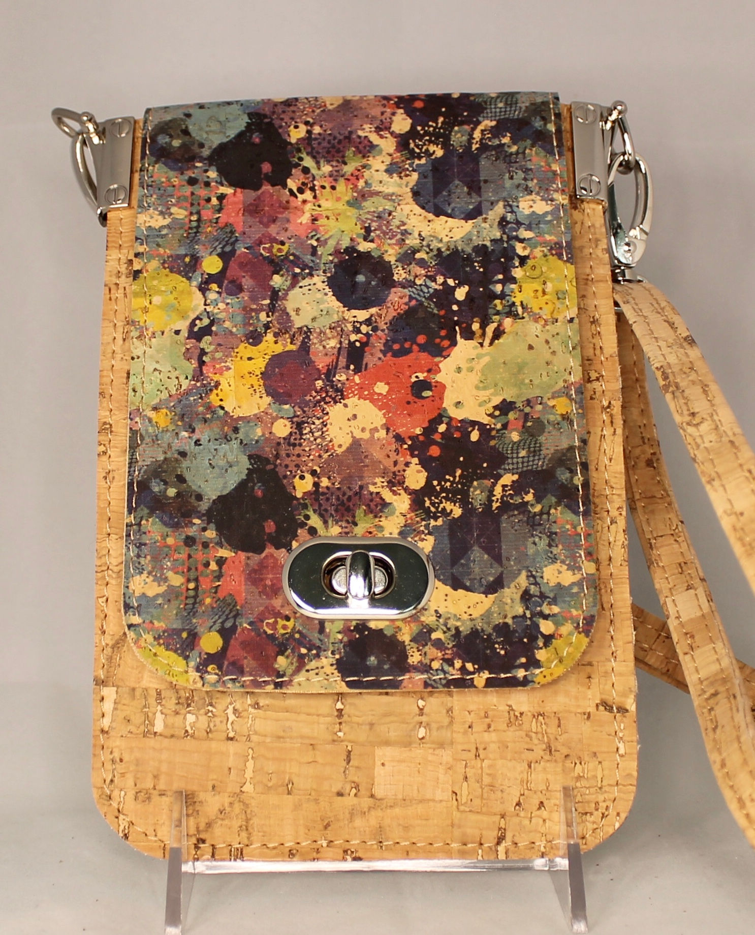 Cell Phone Cross Body Handbag -Natural & Multi-colour Front Flap