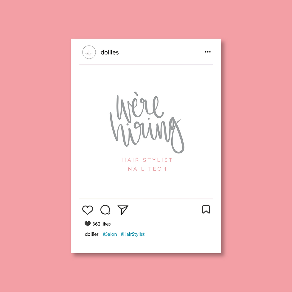 instagram post against a pink background, the post reads we're hiring in hand written font