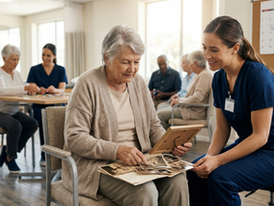 A warm, brightly lit senior care facility where a female healthcare professional in blue scrubs is kneeling beside an elderly woman sitting in a chair. The caregiver is smiling kindly as they look through a collection of vintage black-and-white photographs together. In the background, other seniors are engaged in activities, including one person working on a puzzle with another staff member, creating a supportive and communal atmosphere.