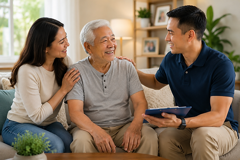 "Home health physical therapist meeting with an older adult and family caregiver in a Riverside, California home, discussing senior balance, mobility, and fall prevention during summer heat."
