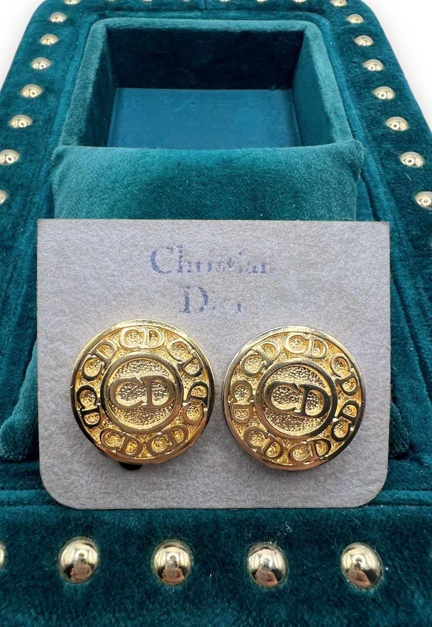 Thumbnail: RARE VINTAGE DIOR CLIP EARRINGS CD MONOGRAM GOLD PLATED