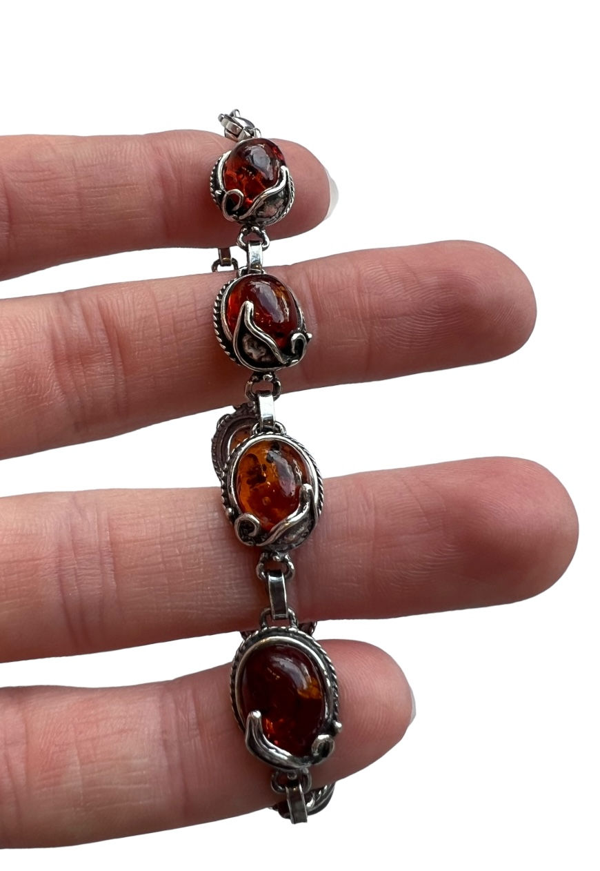 Thumbnail: VINTAGE SILVER BRACELET ORANGE AMBER OVAL STONE