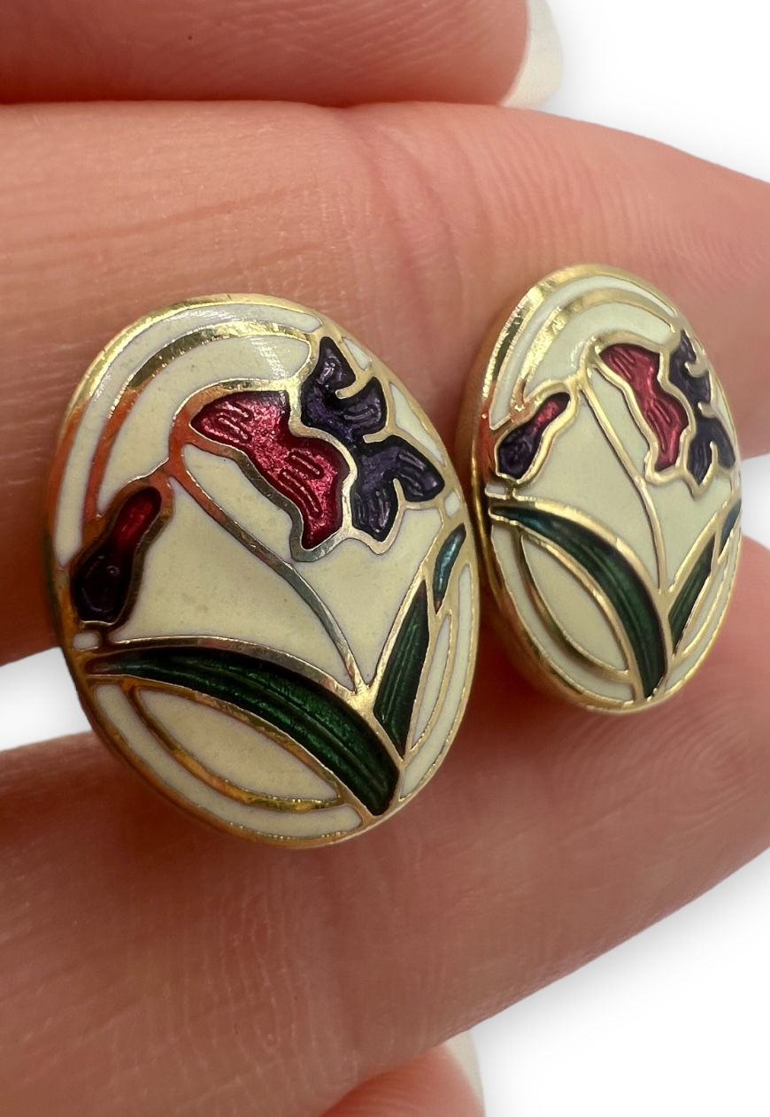 Thumbnail: VINTAGE CLOISONNÉ ENAMEL EARRINGS CLIP ON FLORAL