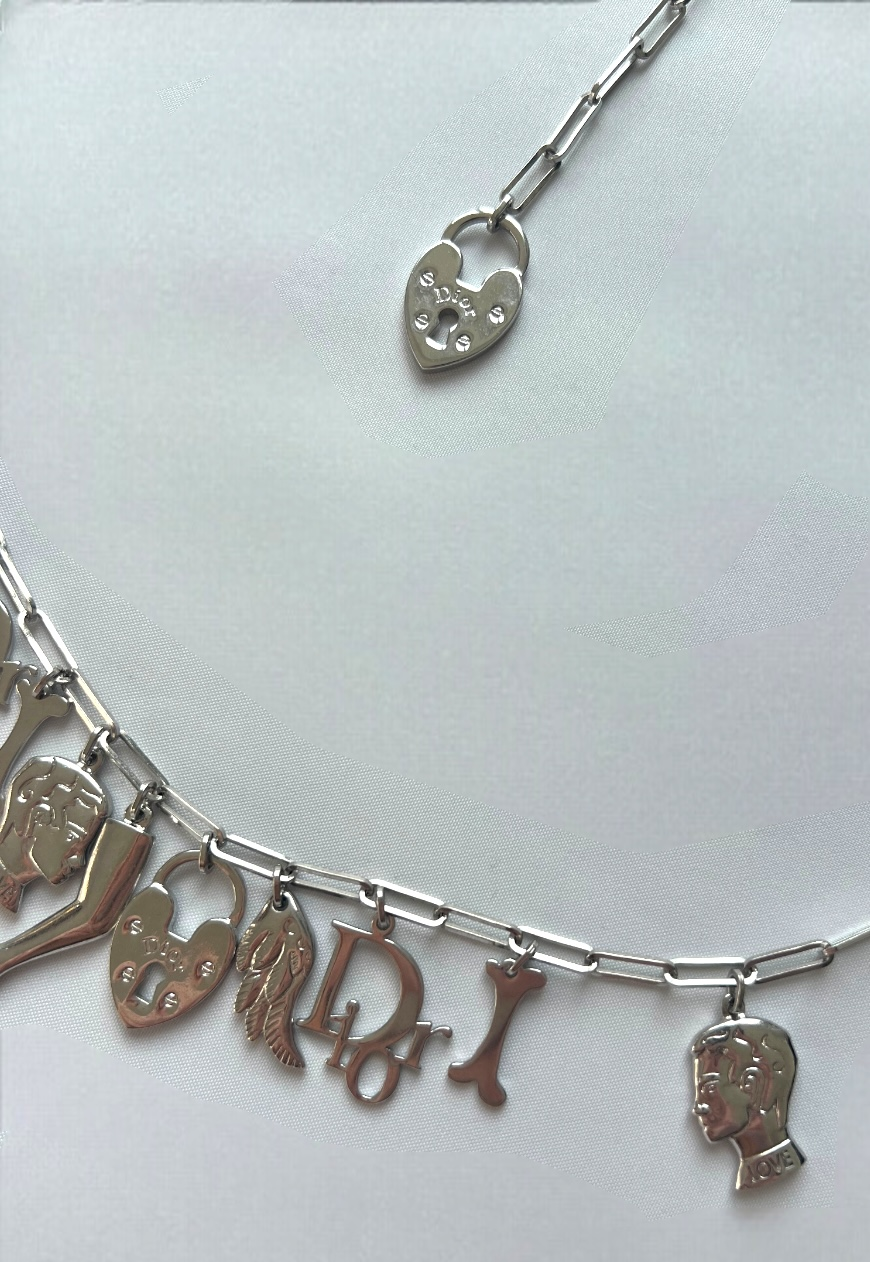 Thumbnail: VINTAGE GALLIANO DIOR BELT LONG NECKLACE EX VOTOS FIGURAL CHARM SILVER TONE