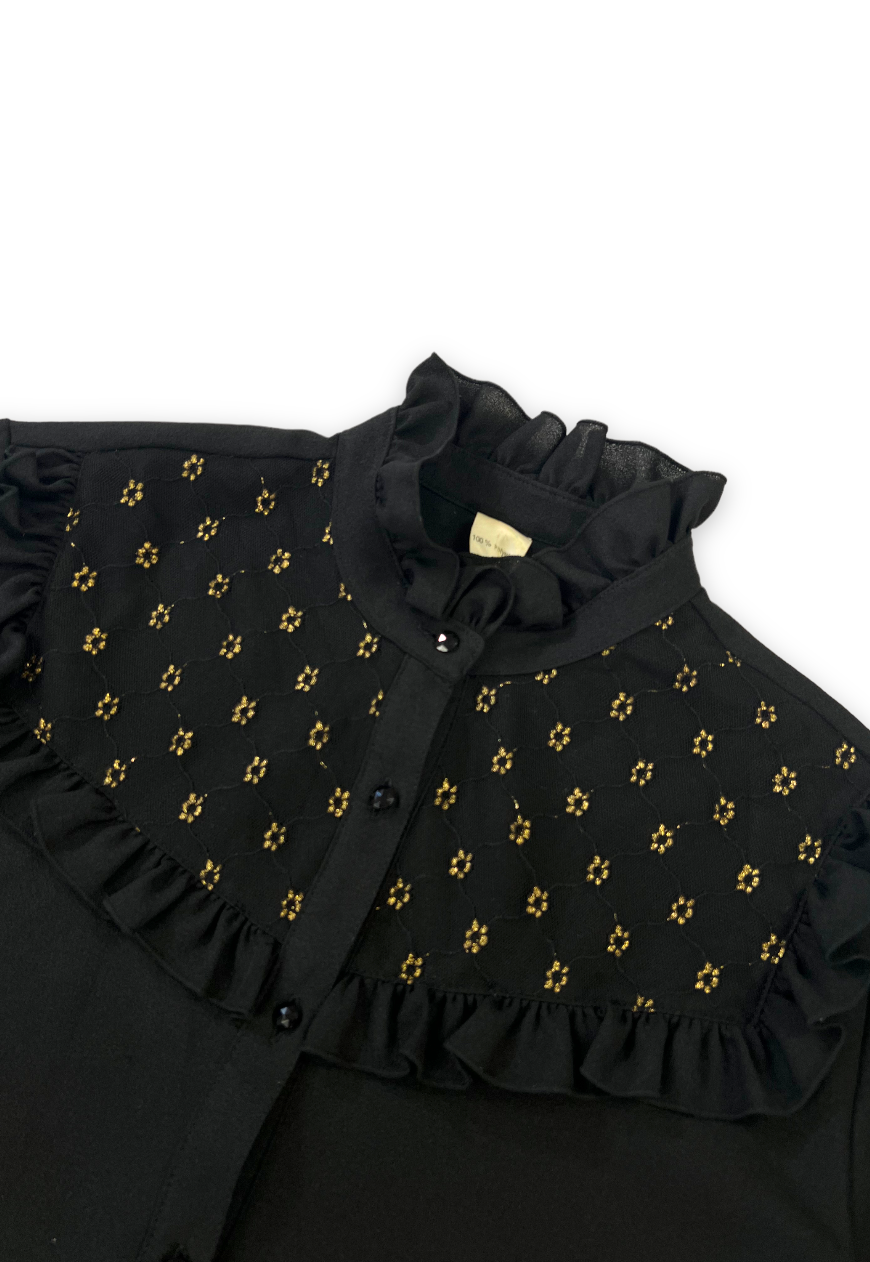 Thumbnail: 80s VINTAGE TOP BLOUSE FRILLY FLORAL SPARKLY EMBELLISHEMENT BLACK GOLD