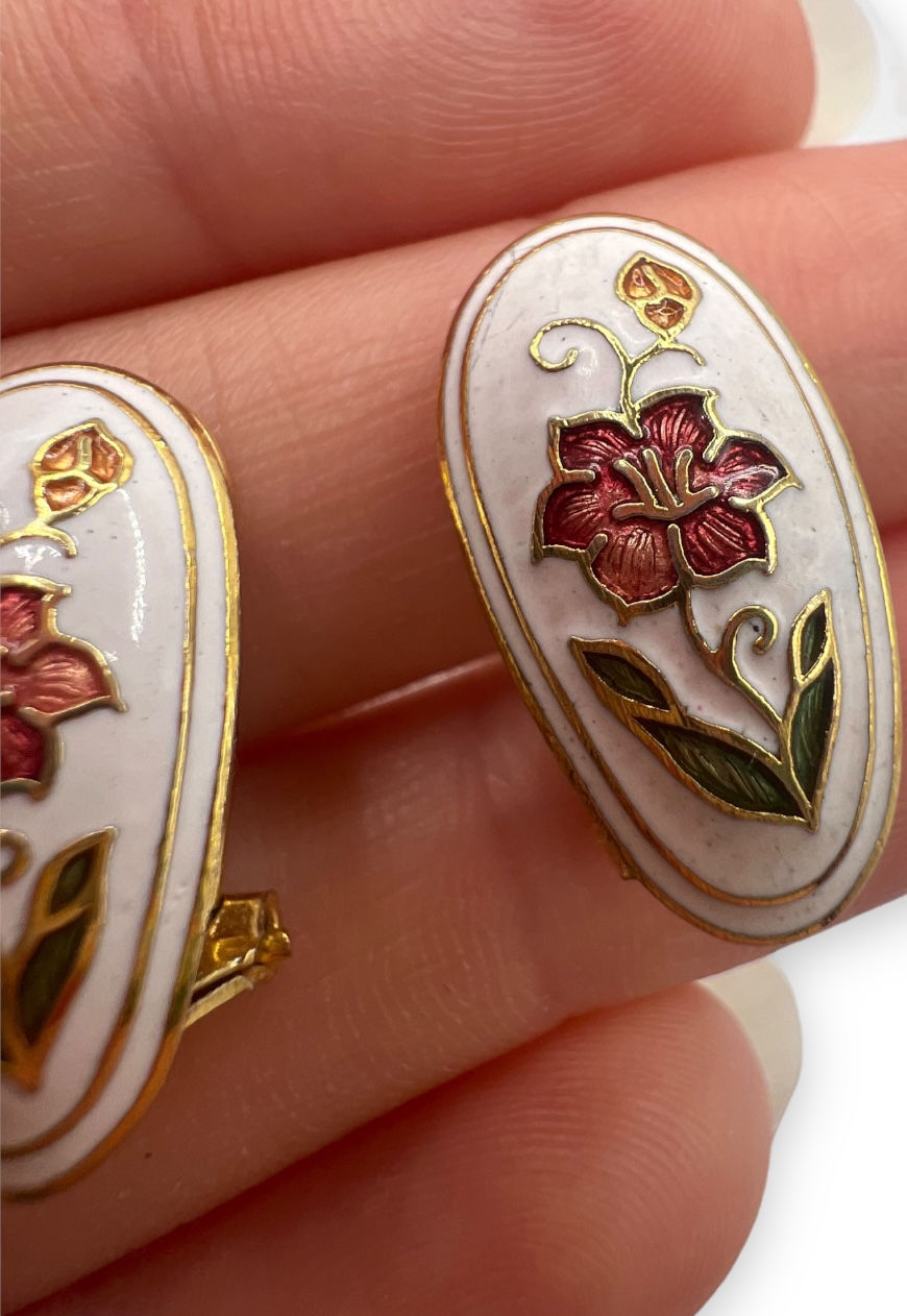 Thumbnail: VINTAGE CLOISONNÉ ENAMEL EARRINGS CLIP ON & PIERCED GOLD TONE FLORAL