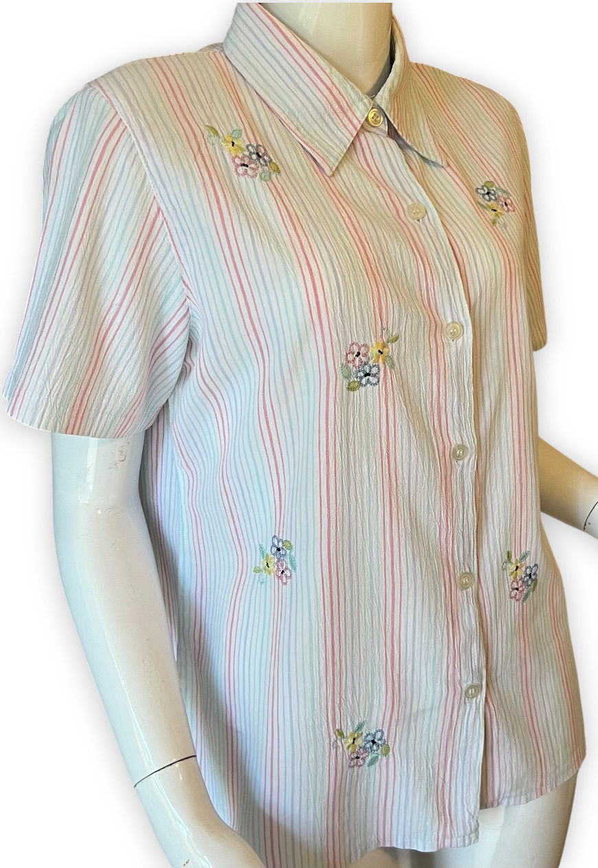 Thumbnail: 80s VINTAGE FLORAL STRIPY BLOUSE BUTTON UP EMBROIDERED