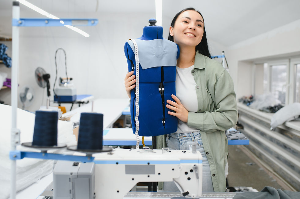 Smiling fashion designer embracing a dress form in a textile workshop—illustrating the journey from small-batch creativity to scaling clothing production.