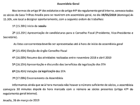 Assembleia geral do Saca Trilhos Anadia