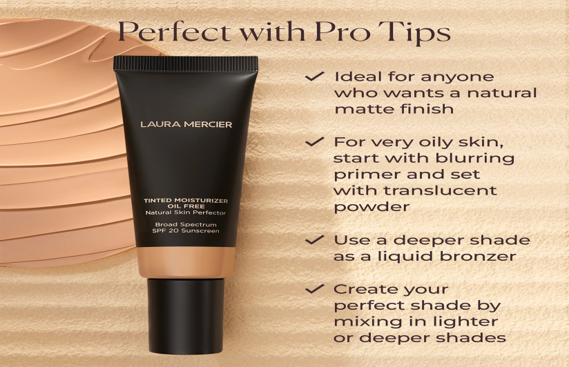 iknoweverything's article 10 best foundations for oily skin dermatologist recommended image showing a product named as Laura Mercier Oil-Free Tinted Moisturizer and also determining properties of product