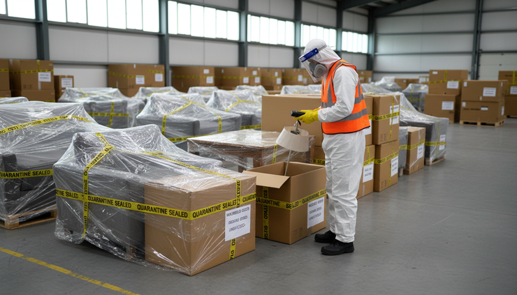 Eye-level view of wrapped furniture and cartons being inspected inside a quarantine depot.