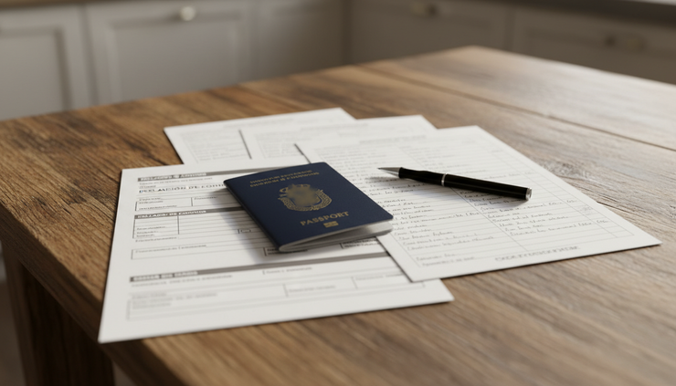 Close-up view of printed customs papers beside a passport and handwritten moving inventory