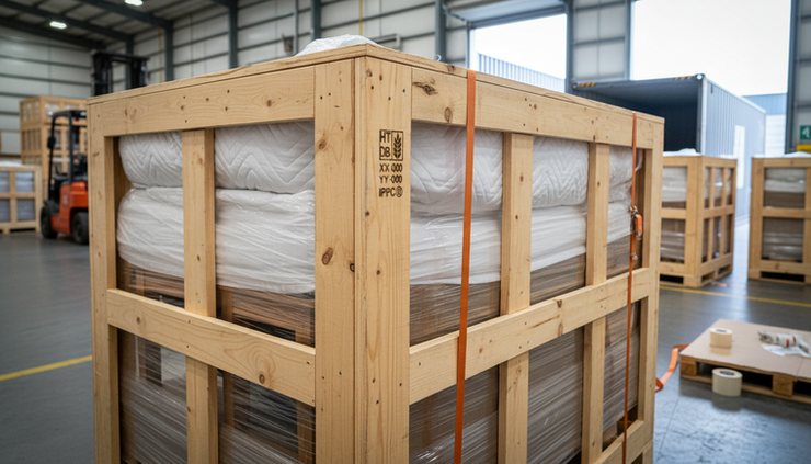 Close-up view of a heat-treated timber crate protecting household furniture for overseas shipping.