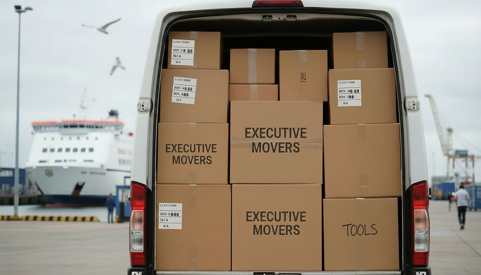 Eye-level view of labelled household boxes inside an open removal van at a ferry port.