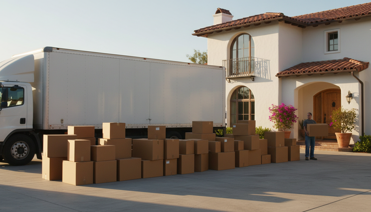 Wide-angle view of a removal lorry beside packed household boxes near a Spanish-style home