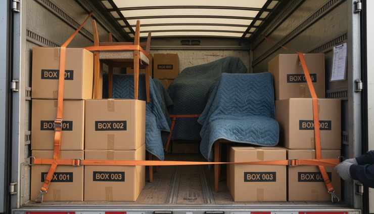 Eye-level view of sealed household boxes inside a removal vehicle.